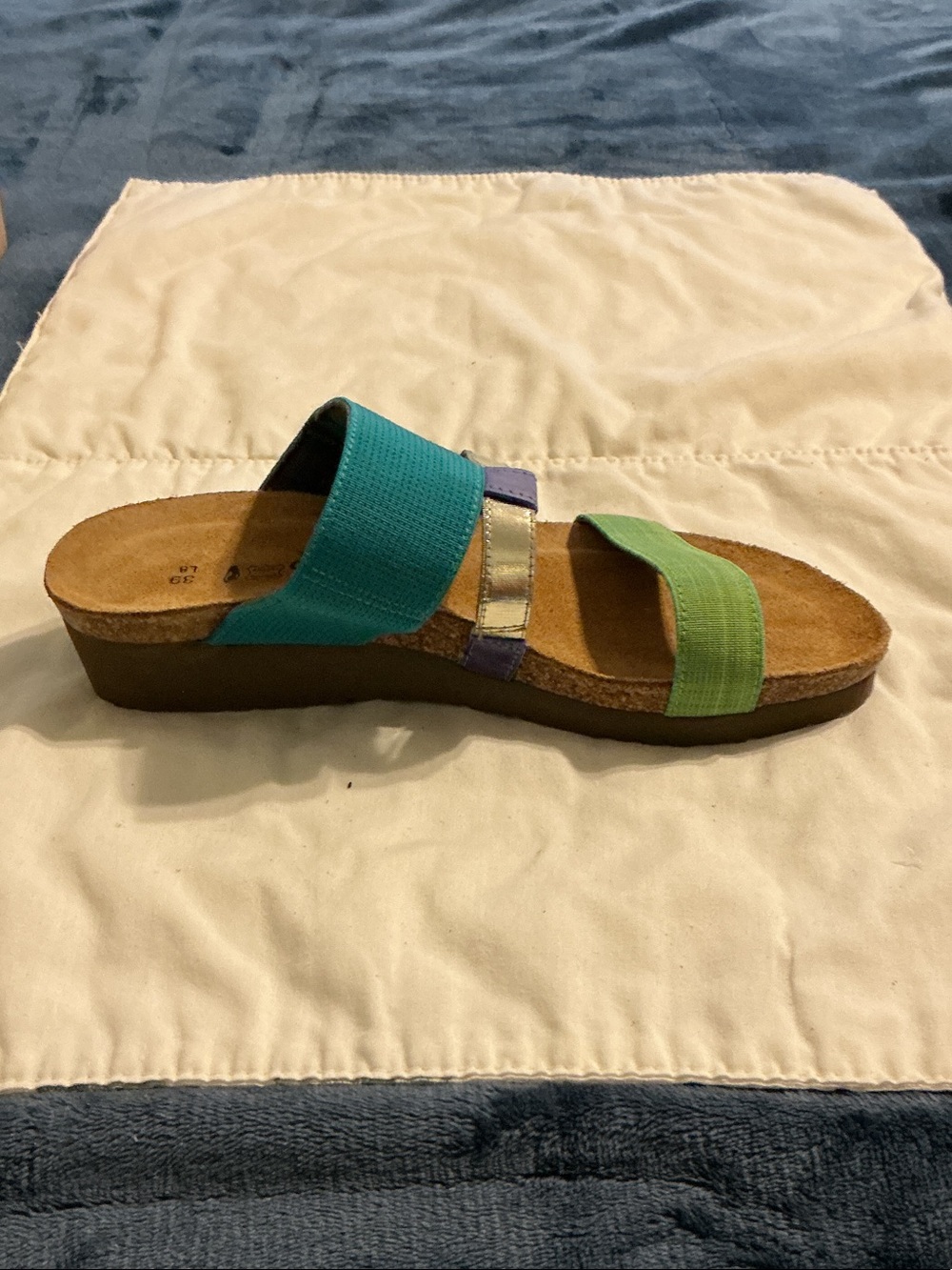 Naot Two-Strap Slide Sandal in Teal, Green & Silver Accent